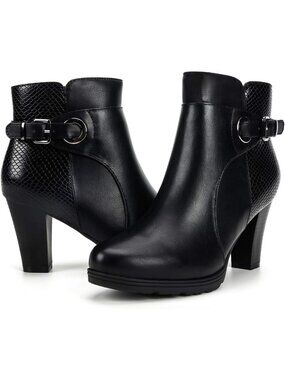 Stylish Chunky Stacked Heel Ankle Boots with Zipper & Buckle Detail - Trendy